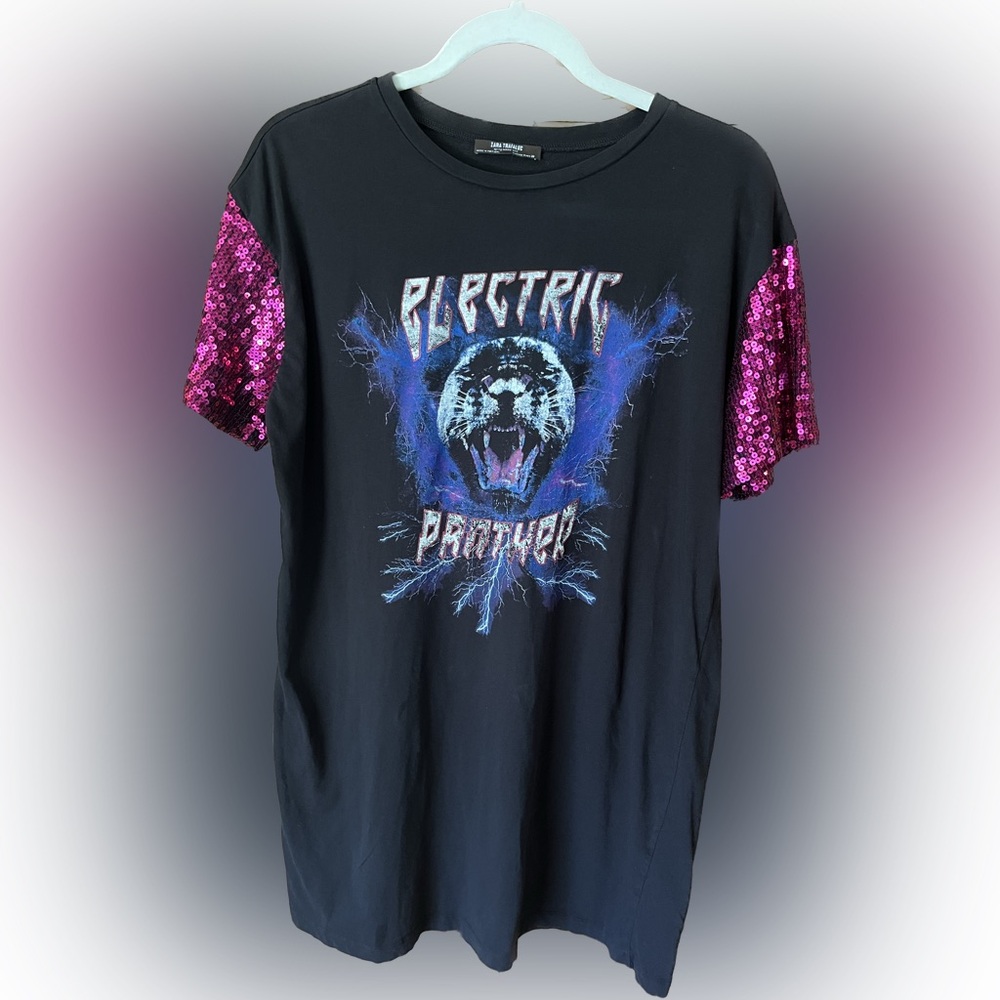 RARE ZARA Trafaluc Electric Panther Black Cotton Pink Sequin Shirt dress size M